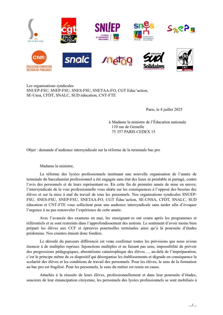 Demande d’audience intersyndicale sur la réforme de la terminale bac pro