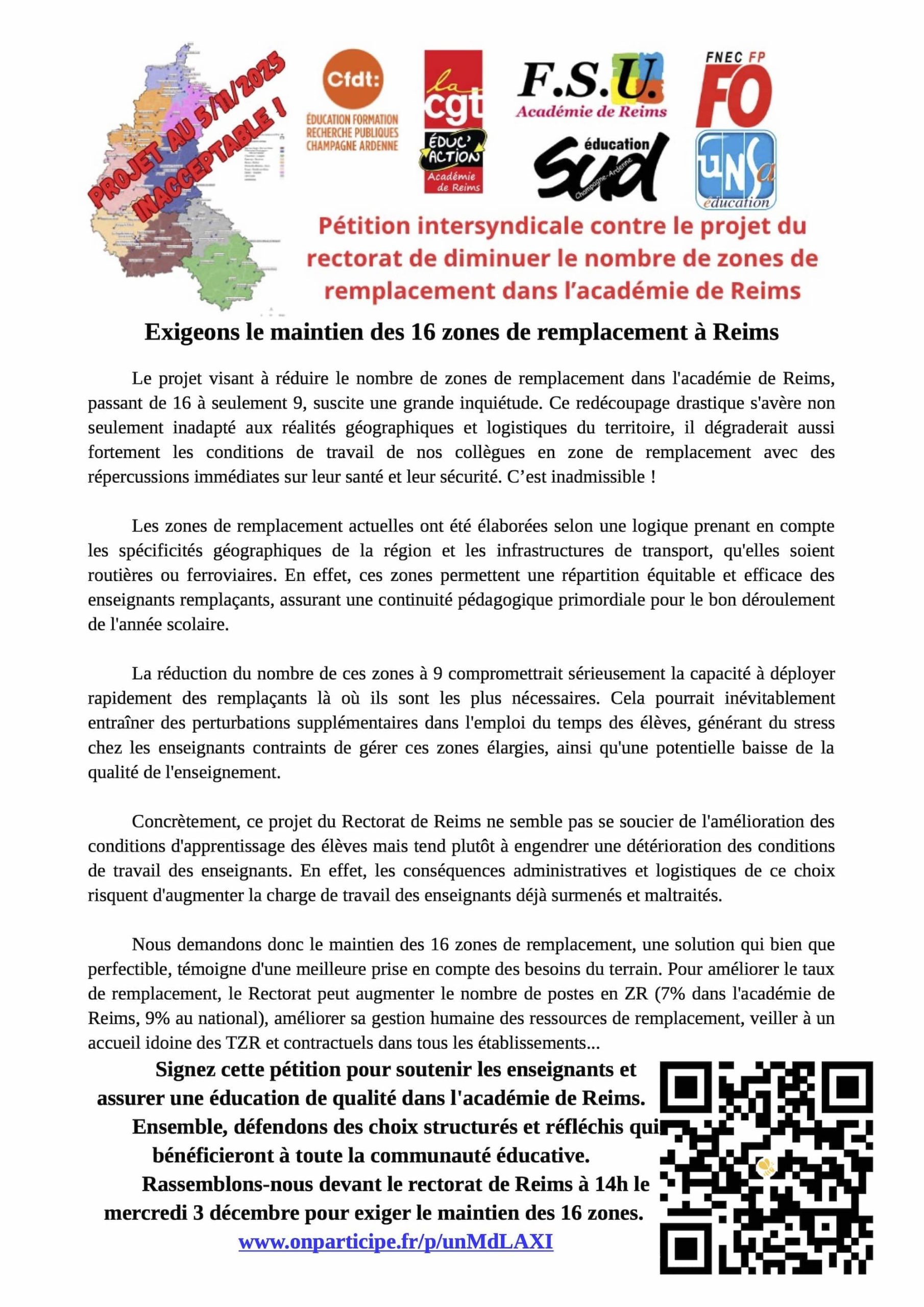 Lire la suite à propos de l’article Contre le projet de modification des zones de remplacement de l’Académie de Reims